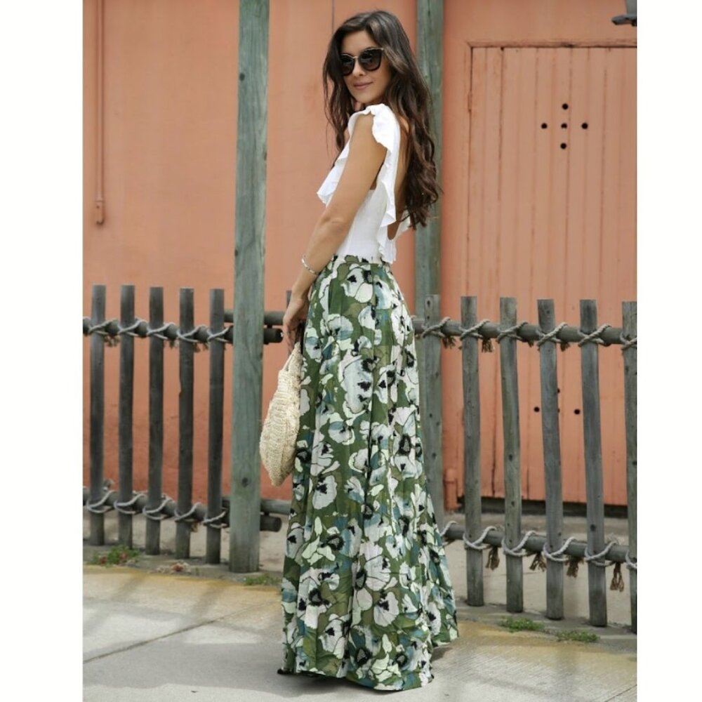 Free People Green Floral Maxi Skirt